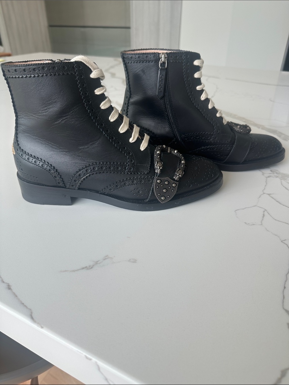 Gucci Black Leather Lace-Up Brogue Ankle Boots with Crystal Buckle
